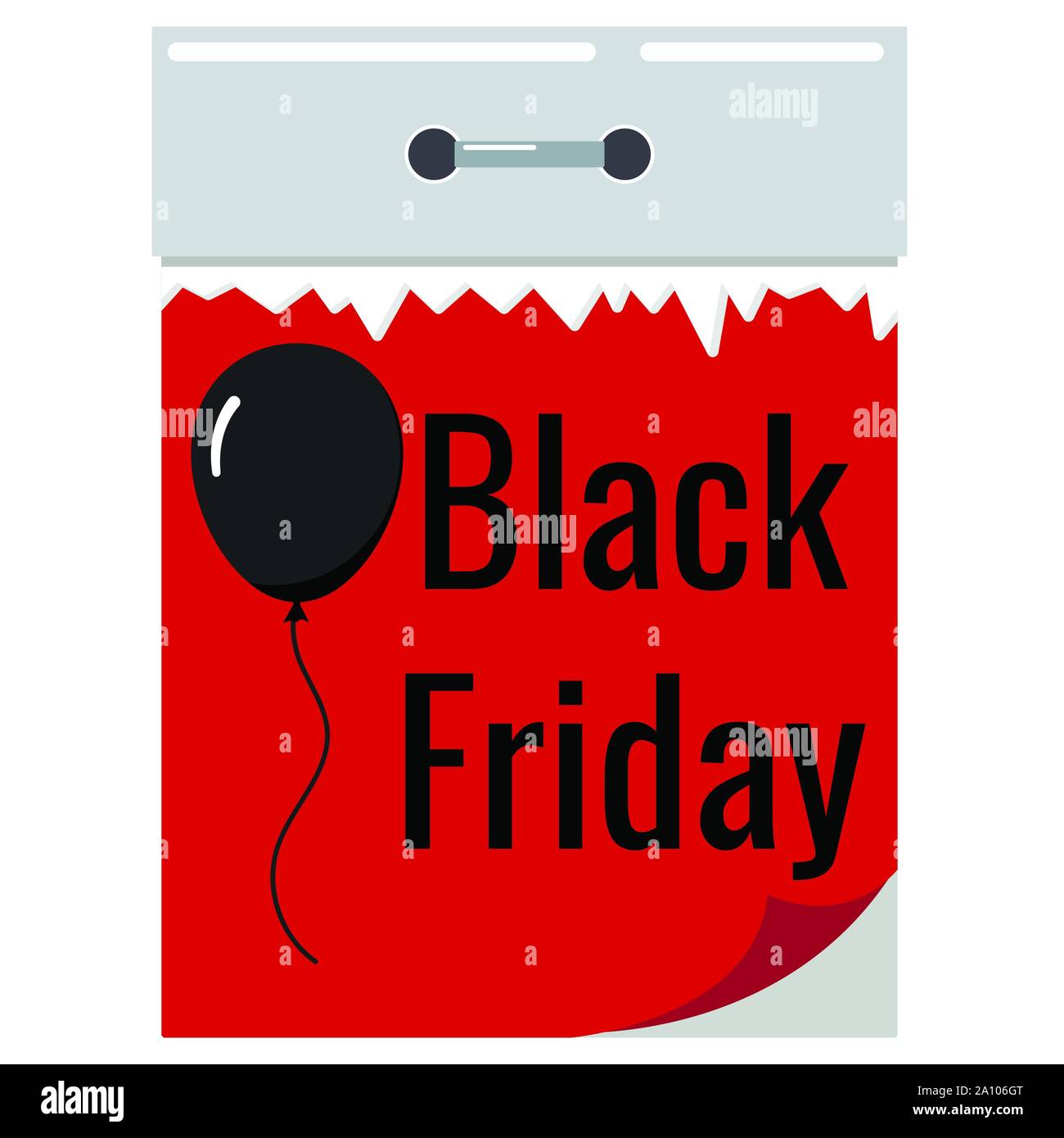 Vector design piatto cartoon illustrazione venerdì nero vendita giorno strappare la carta calendario da parete pagina rossa con palloncino nero Illustrazione Vettoriale