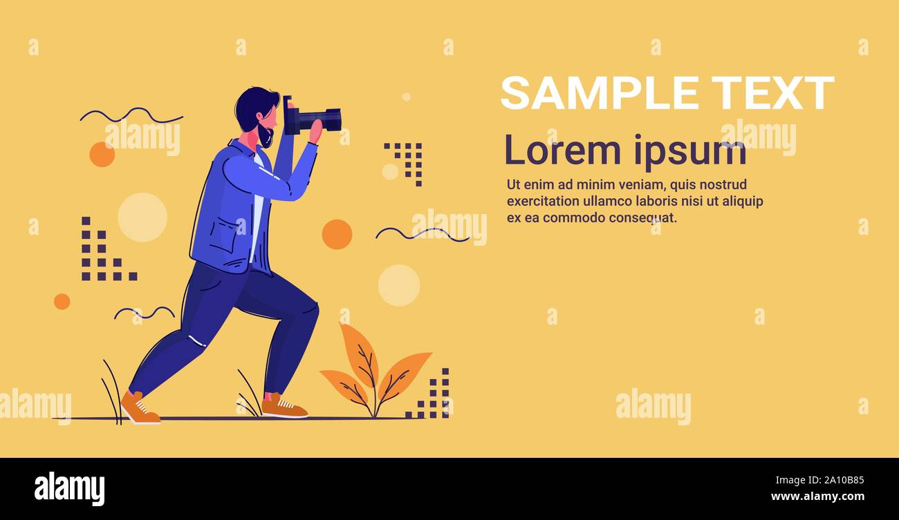 Fotografo professionista prendendo foto fotografia uomo con ripresa digitale fotocamera reflex digitale a piena lunghezza orizzontale piana spazio di copia Illustrazione Vettoriale