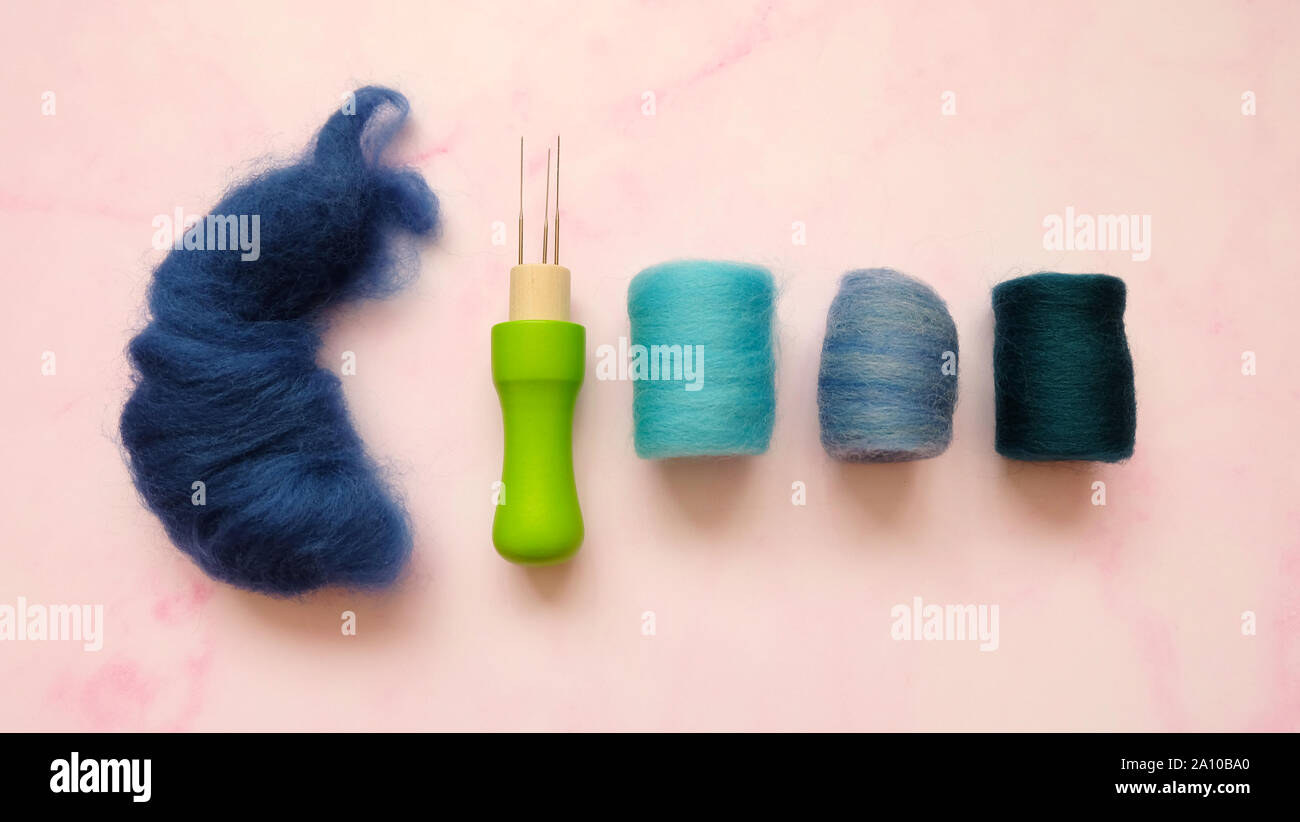 Piatto di laici blu Lana Feltro rotoli e ago feltro organizzare fianco a fianco in una fila. Foto Stock