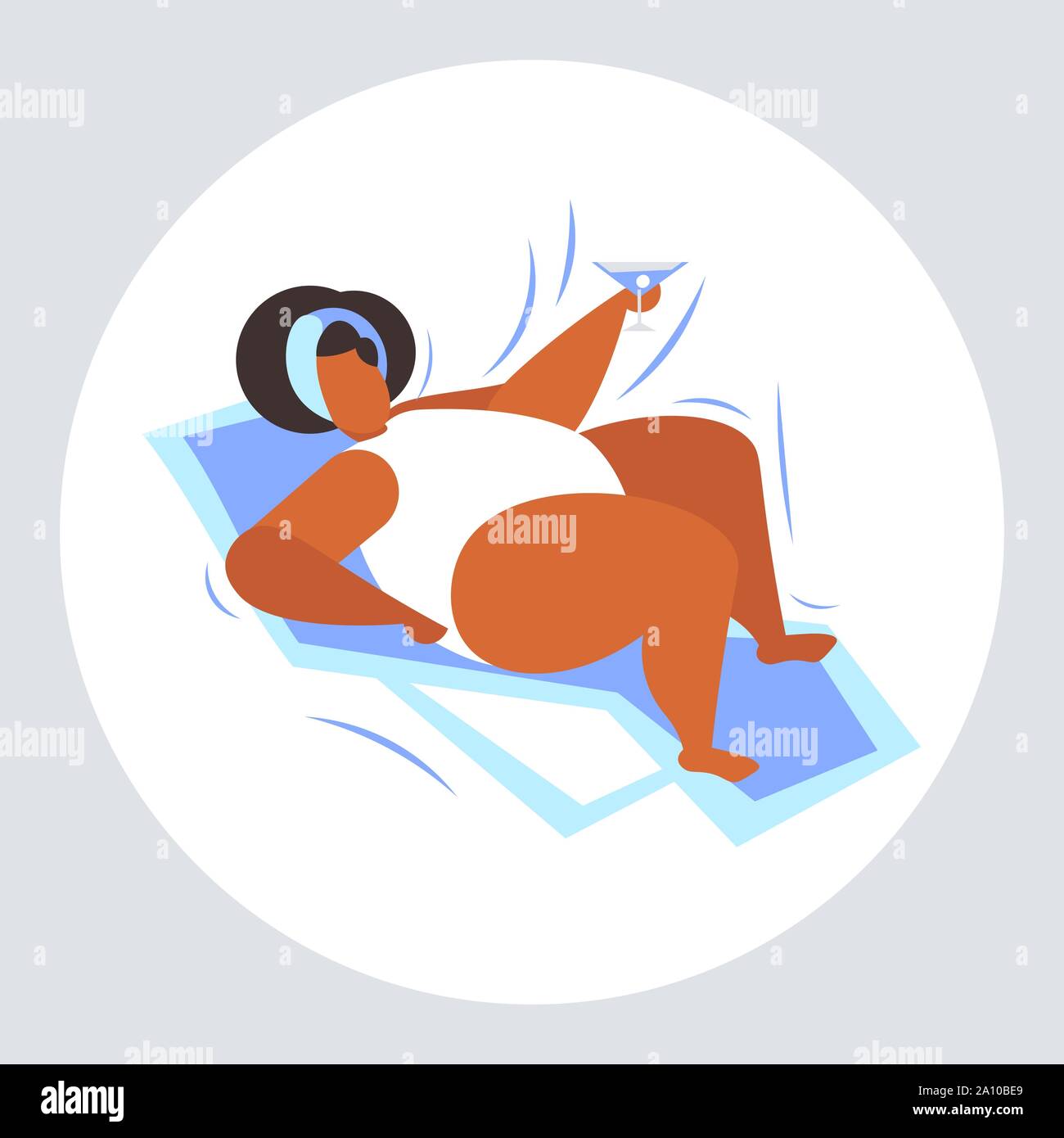 Il grasso donna obesa a prendere il sole in sovrappeso African American Girl bevendo cocktail sdraiato sul lettino prendisole vacanza estiva stile di vita poco sano concetto di obesità Illustrazione Vettoriale