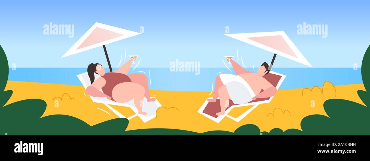 Fat obesi uomo donna a prendere il sole in sovrappeso giovane bevendo cocktail giacente sulla sedia a sdraio sotto ombrellone stile di vita poco sano concetto di obesità mare Illustrazione Vettoriale