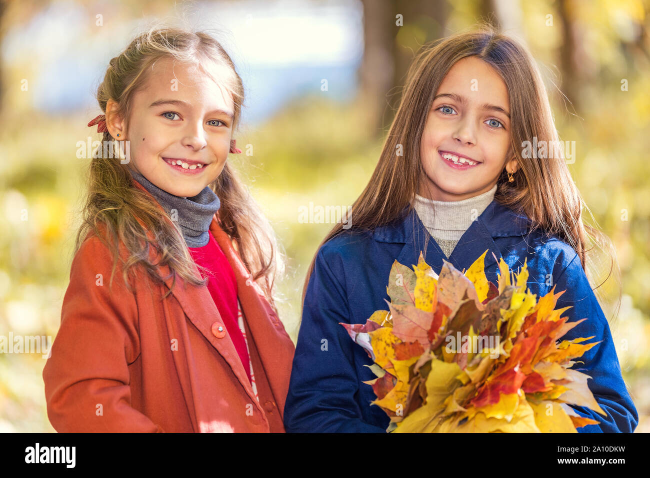 Due graziosi sorridente 8 anni le ragazze in posa insieme in un parco su una soleggiata giornata autunnale. Foto Stock