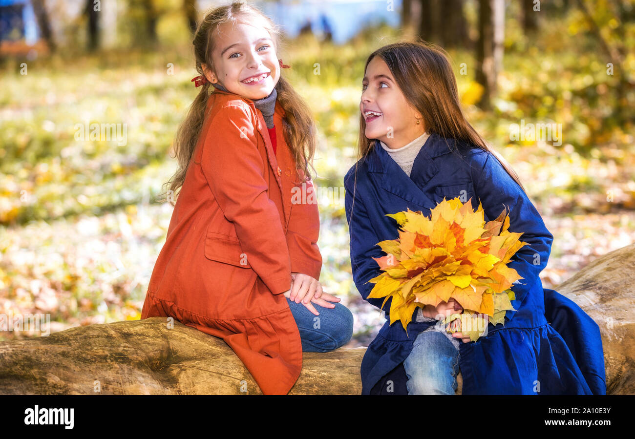 Due graziosi sorridente 8 anni le ragazze in chat in un parco su una soleggiata giornata autunnale. Foto Stock