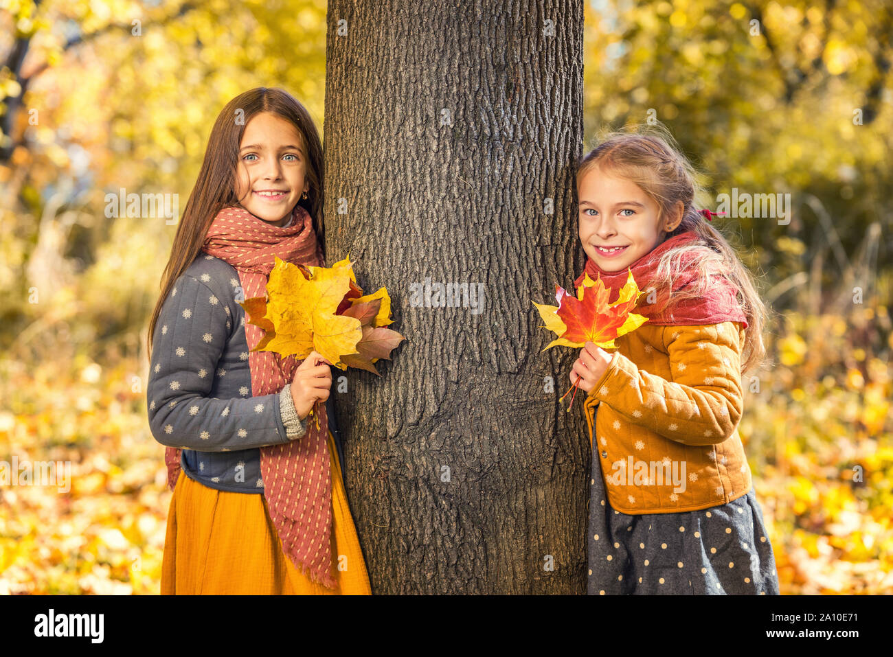 Due graziosi sorridente 8 anni le ragazze in posa insieme in un parco su una soleggiata giornata autunnale. Foto Stock