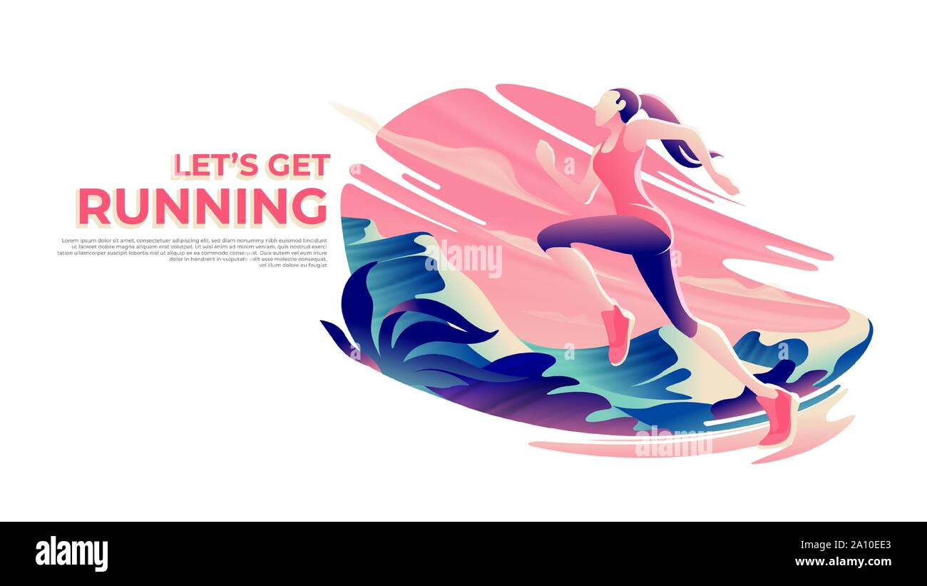 Un flat-arte-style illustrazione di una femmina di runner con paesaggio di montagna nel vettore. Ginnastica mattutina. Esecuzione Marathong tema. Illustrazione Vettoriale