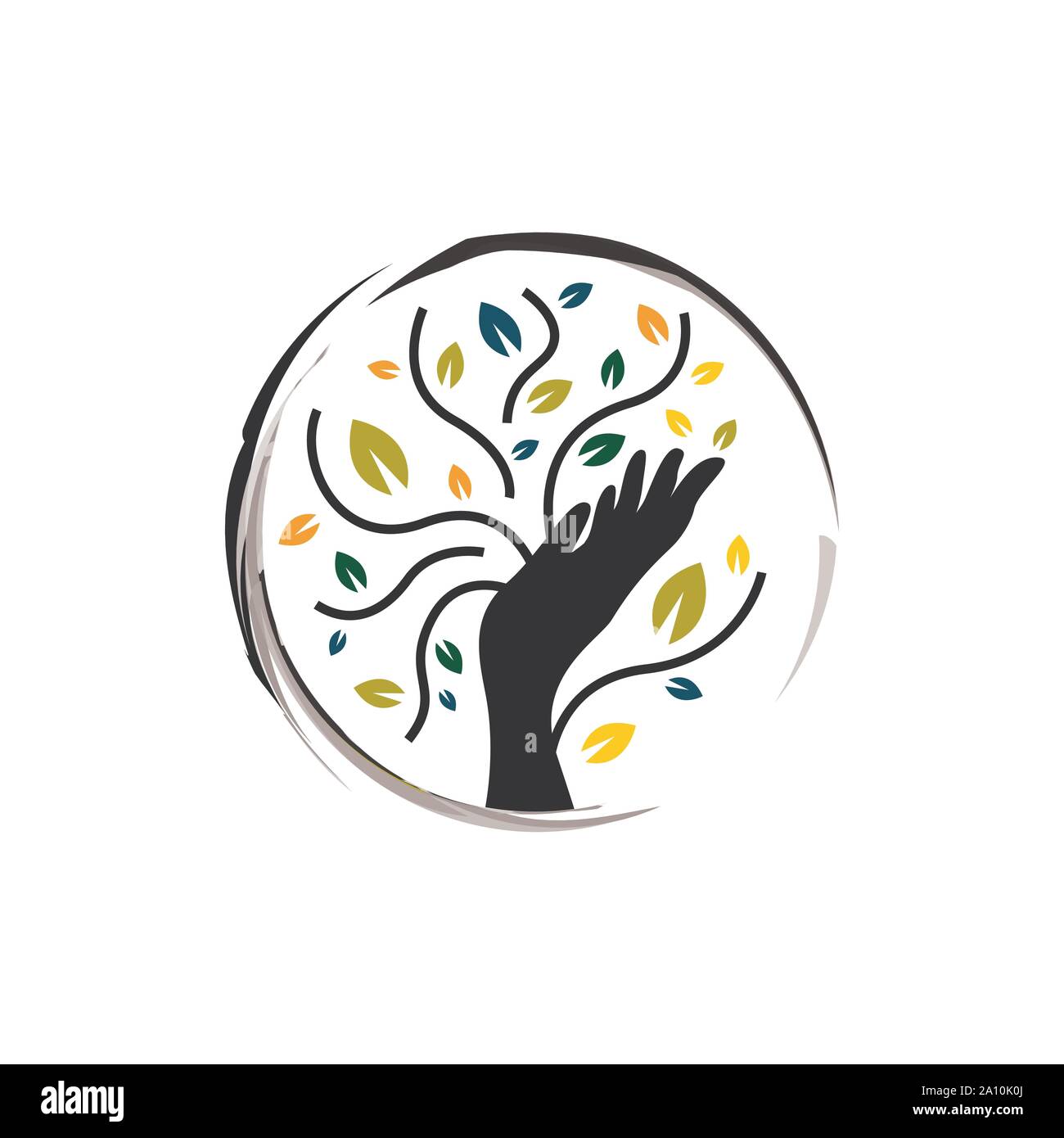Mani e foglie verdi eco friendly logo design icona vettore illustrazioni Illustrazione Vettoriale