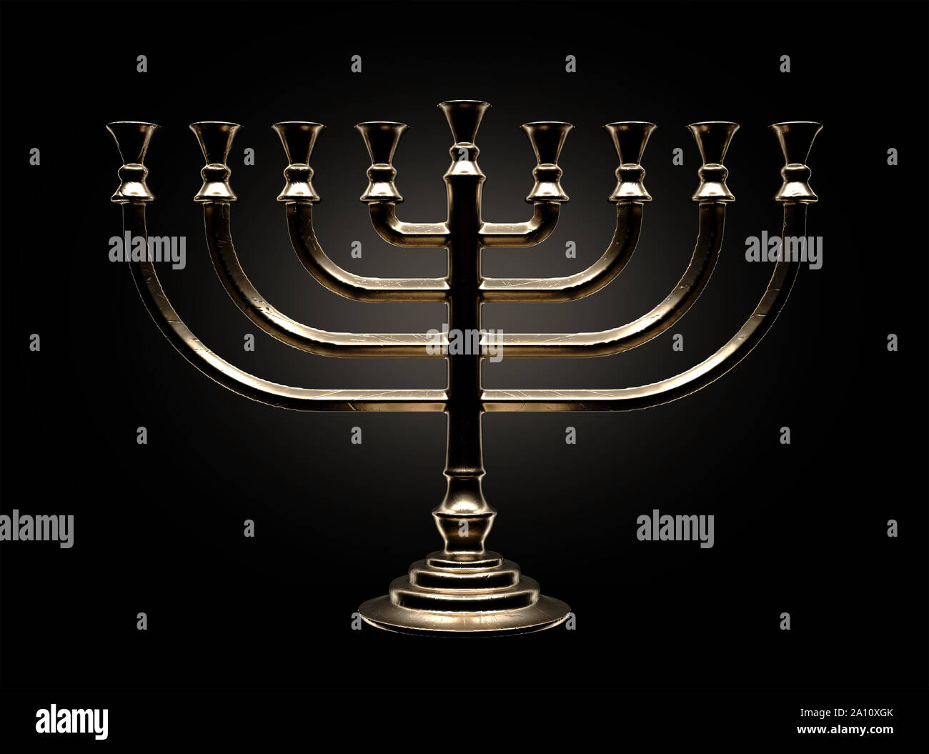 Un drammaticamente oro retroilluminato di colata di un ebreo menorah su sfondo scuro - 3D render Foto Stock