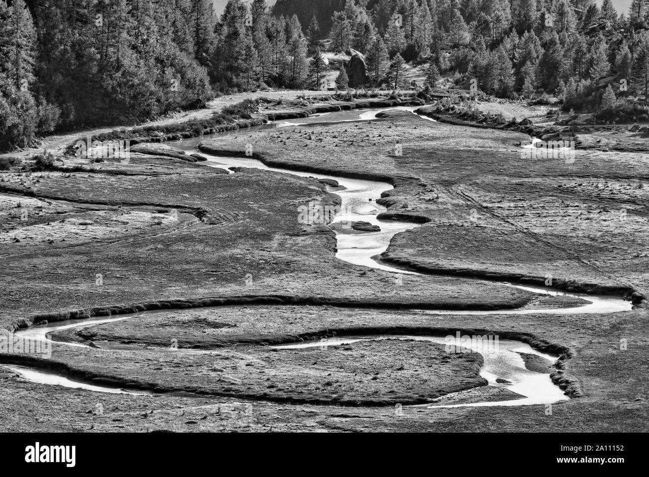 Il Creek, il nero e il bianco paesaggio. Foto Stock