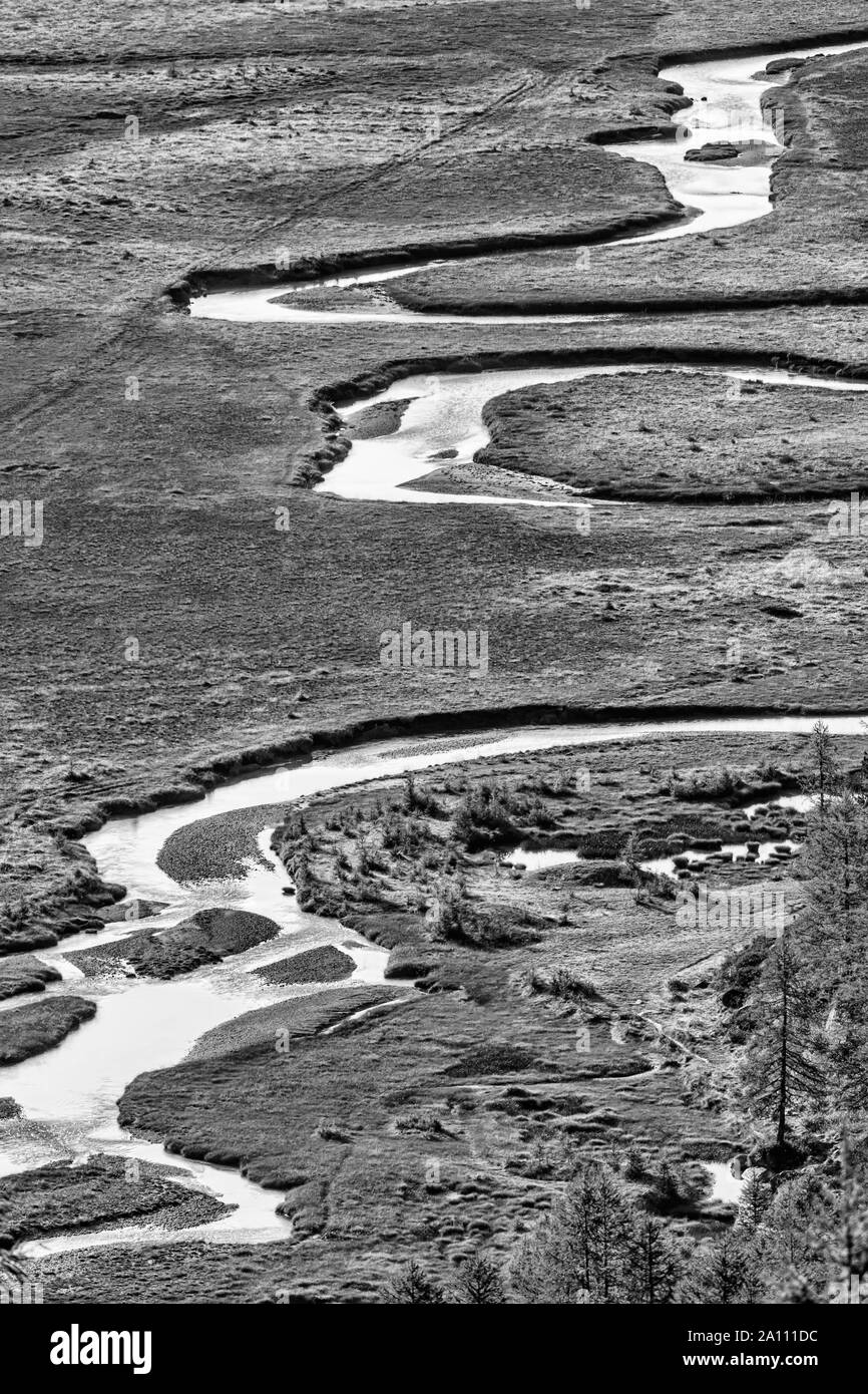 Il Creek, il nero e il bianco paesaggio. Foto Stock
