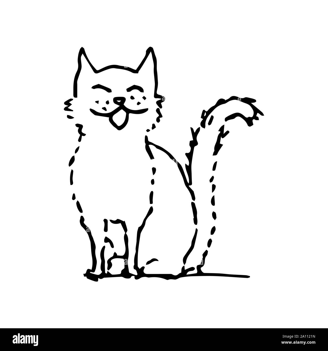 Gatto sorridente, cantando e seduta. Contorno nero su sfondo bianco. Immagine può essere utilizzato in biglietti di auguri, poster, volantini, banner, logo, ulteriore disegno etc. Illustrazione Vettoriale. EPS10 Illustrazione Vettoriale