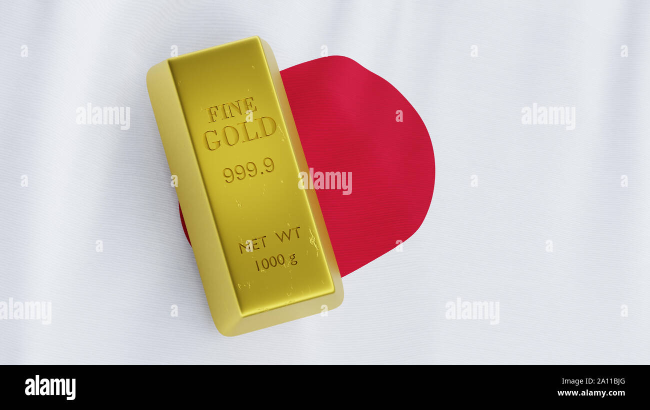 golden igot su Japan Flag, concetto di riserva d'oro Foto Stock