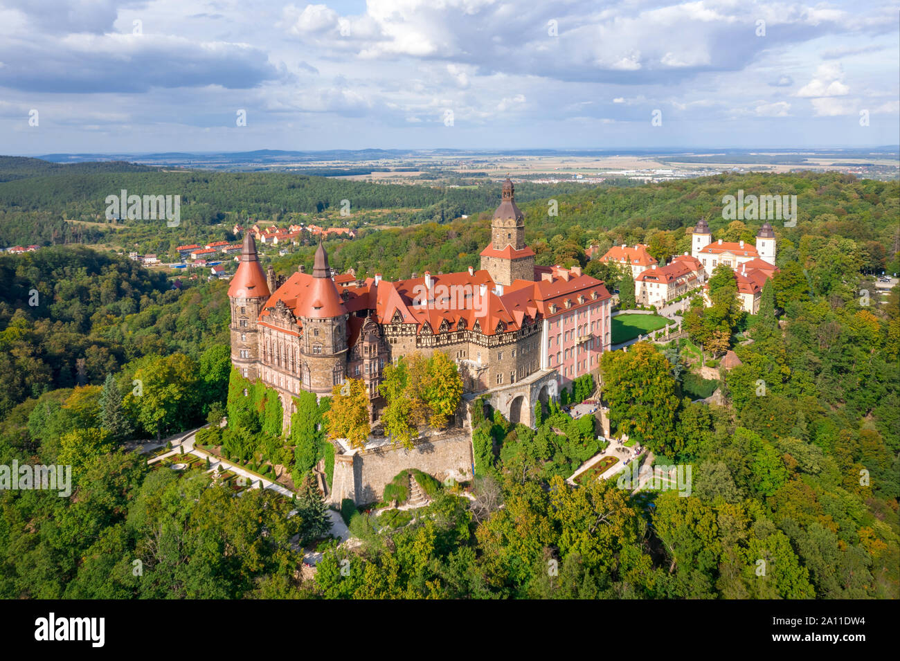 Veduta aerea del castello di Ksiaz vicino a Walbrzych, Slesia, Polonia Foto Stock
