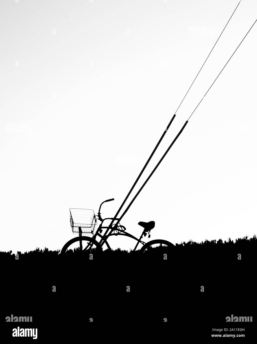 Noleggio appoggiato powerline in bianco e nero silhouette Foto Stock