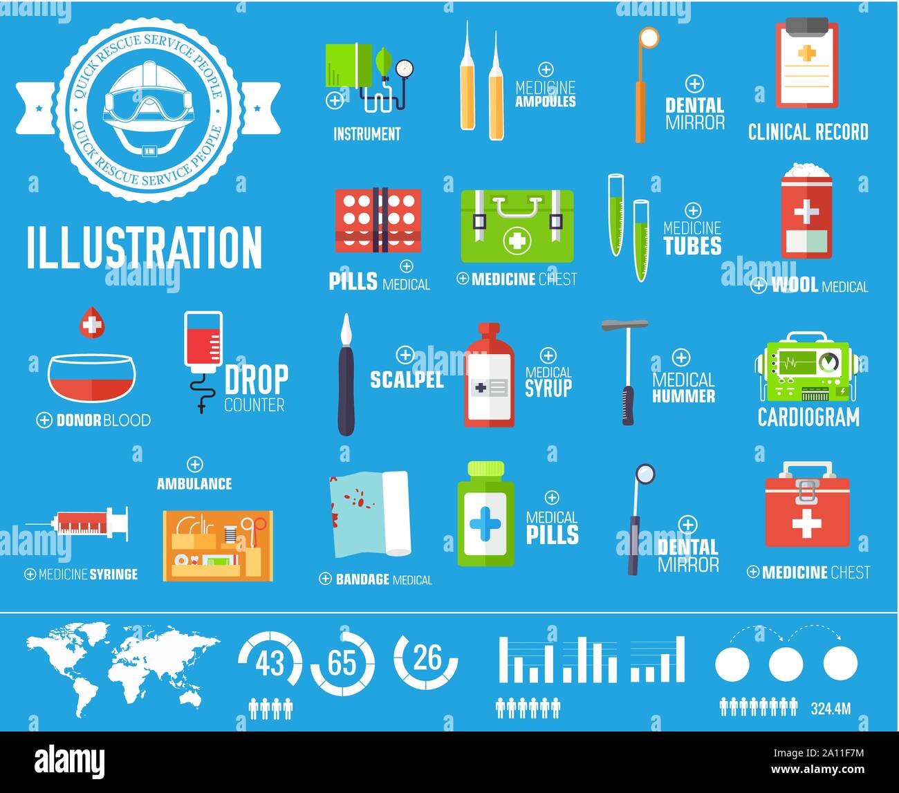 Attrezzature mediche e farmacia icone piana, pittogrammi isolato su sfondo blu. Assistenza sanitaria e gli strumenti del trattamento. Primo soccorso, servizio di emergenza gli elementi del vettore per una infografica, web. Illustrazione Vettoriale