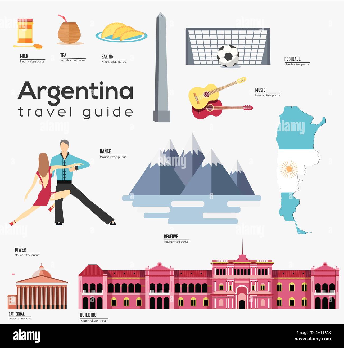 Argentina travel guide modello. Impostare argentino di punti di riferimento, cibo icone piana, pittogrammi sul bianco. Le attrazioni turistiche e il simbolo culturale elementi vettoriali per il turista una infografica, web. Illustrazione Vettoriale