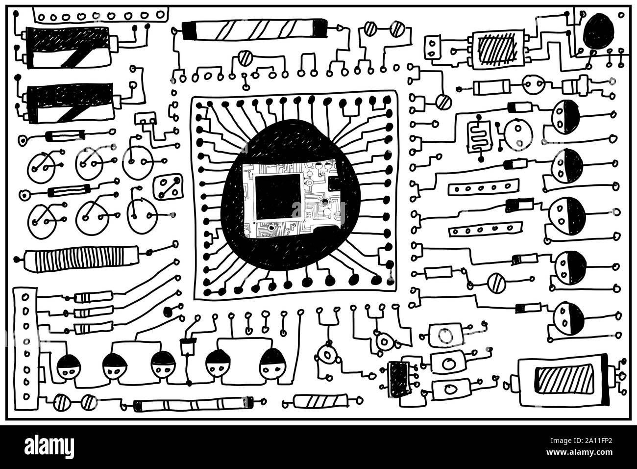 Scheda a circuito stampato, disegnato a mano. Foto Stock