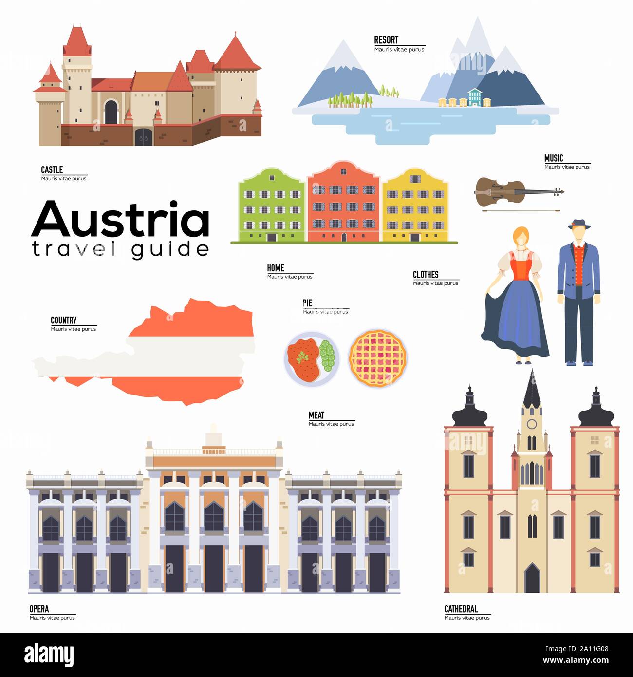 Austria travel guide modello. Insieme di punti di riferimento austriaci, cucina, tradizioni icone piana, pittogrammi sul bianco. Le attrazioni turistiche e il simbolo culturale elementi vettoriali per il turista una infografica, web. Illustrazione Vettoriale