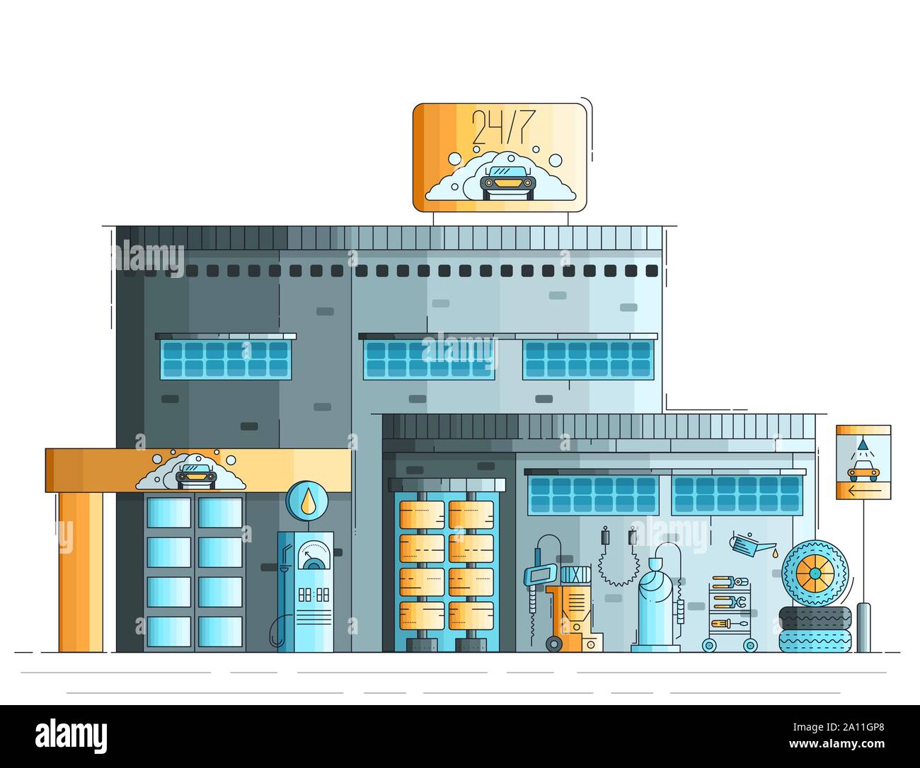 Lavaggio auto, riparazione, manutenzione centro di servizio con strumenti e apparecchiature. La pulizia automatica e lavaggio esterno dell'edificio. Ventiquattro ore di stazione di lavoro vettore illustrazione piana. Illustrazione Vettoriale