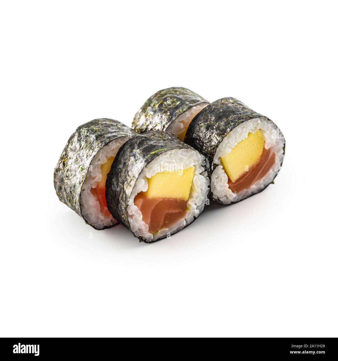 Maki Sushi diversi tipi isolati su sfondo bianco Foto Stock