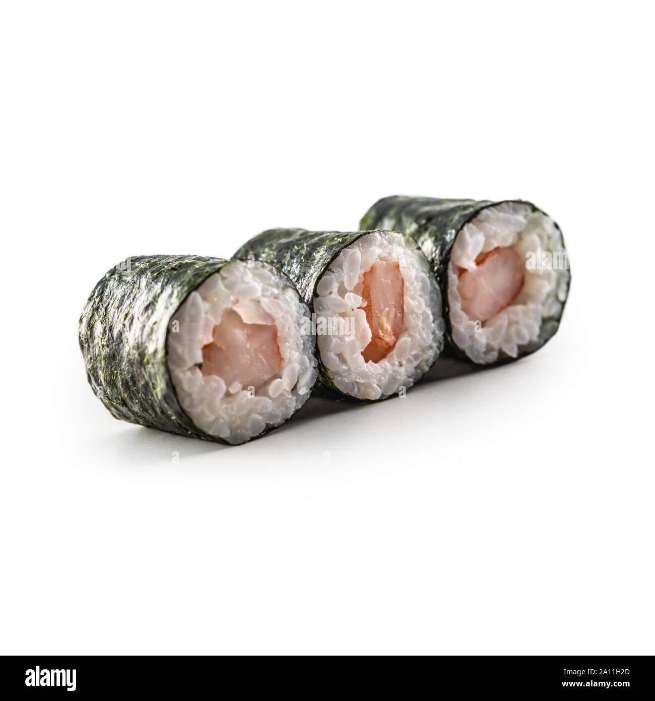 Maki Sushi diversi tipi isolati su sfondo bianco Foto Stock