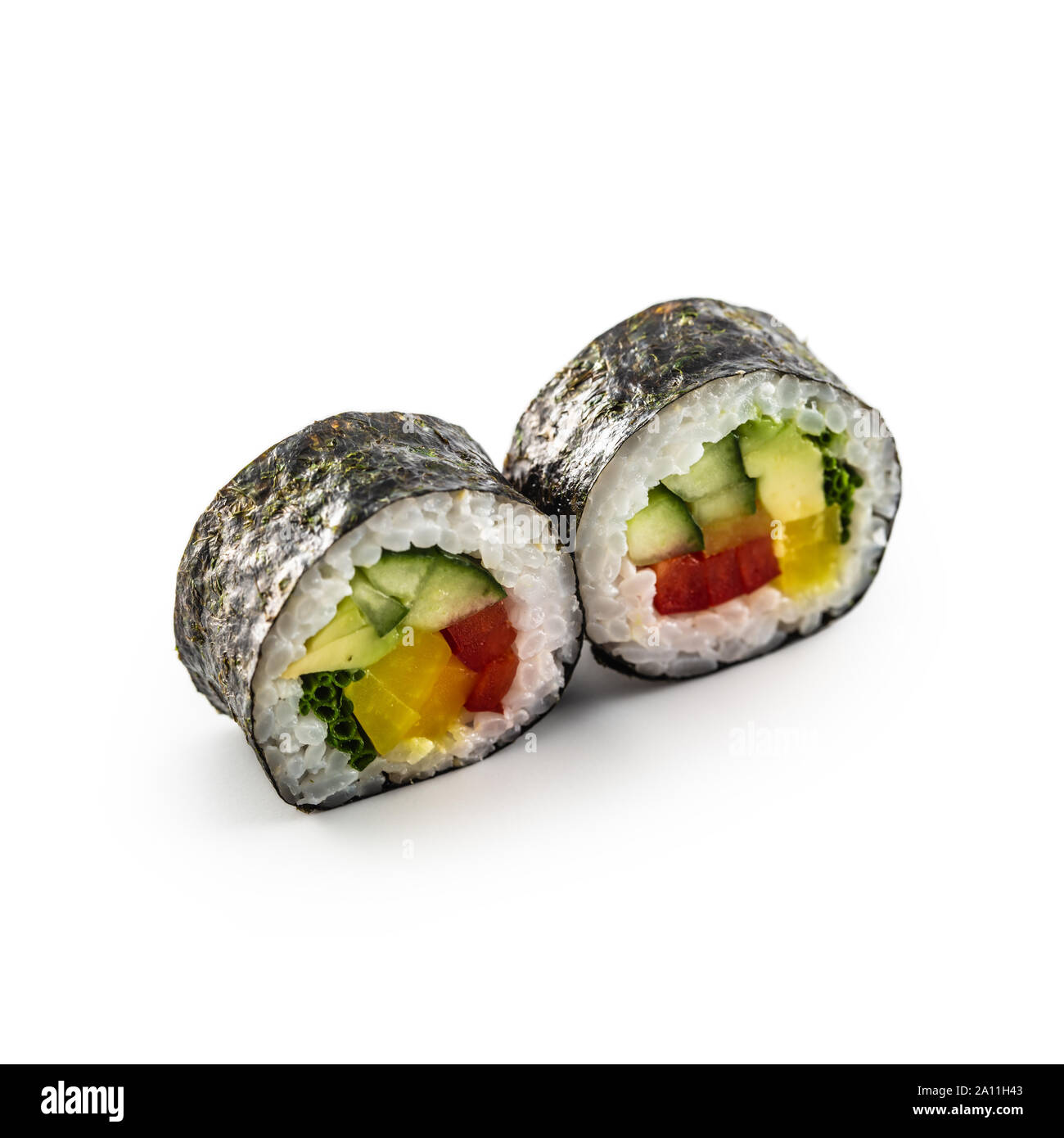 Maki Sushi diversi tipi isolati su sfondo bianco Foto Stock
