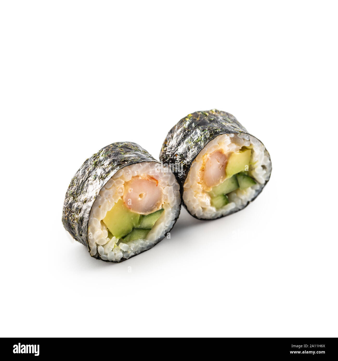 Maki Sushi diversi tipi isolati su sfondo bianco Foto Stock