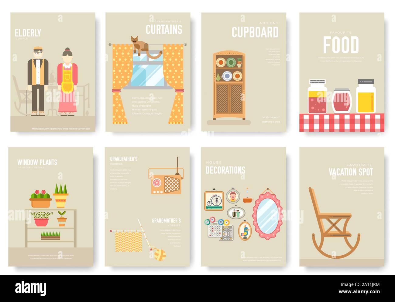 Insieme di cose e cibo associato con la casa della nonna, lifestyle banner verticale, carte. Le persone anziane oggetti vettore poster collection. Senior donna e uomo hobby. I pasti, la decorazione della casa. Illustrazione Vettoriale