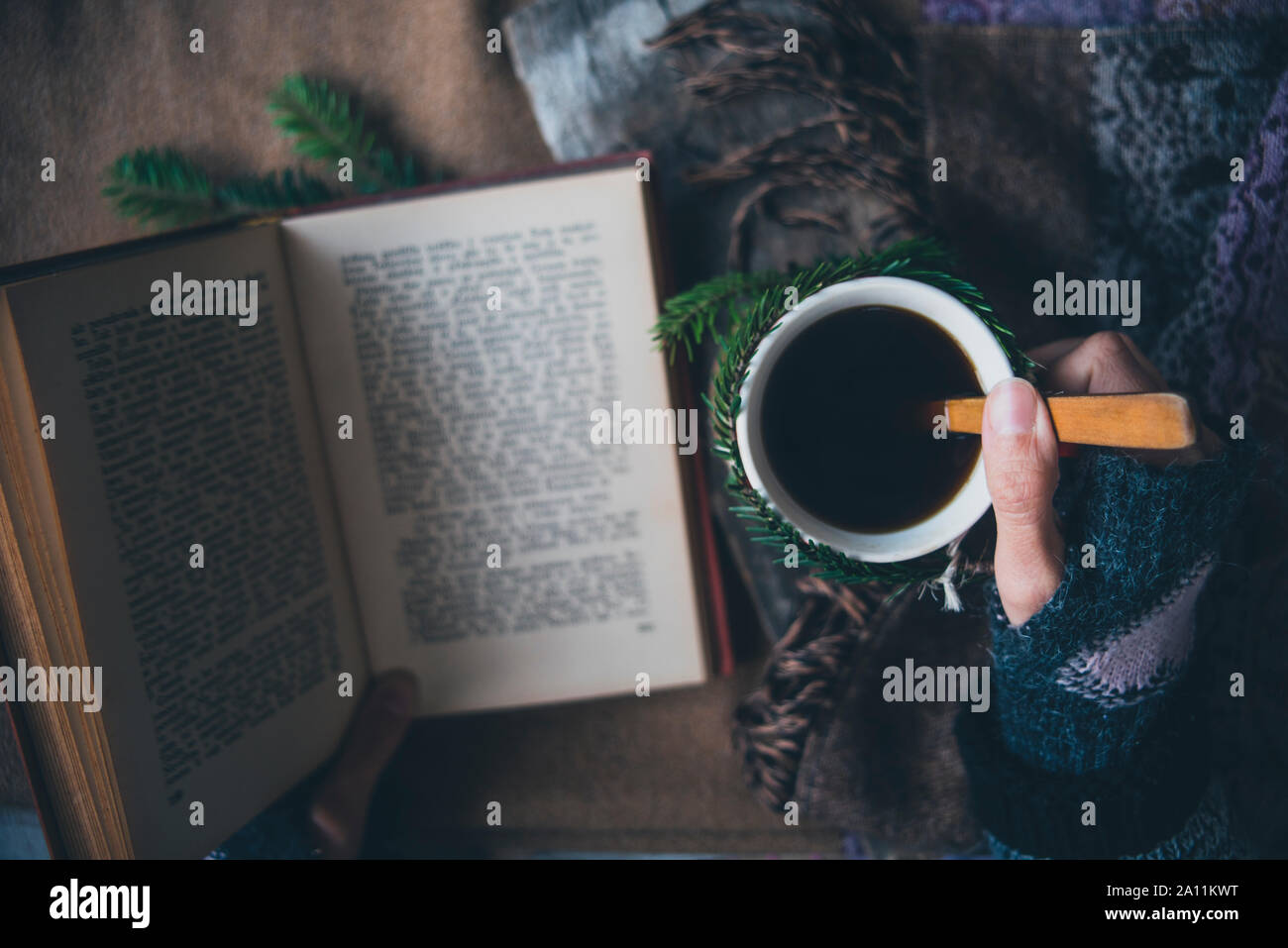 Ragazza beve caffè e legge il libro Foto Stock