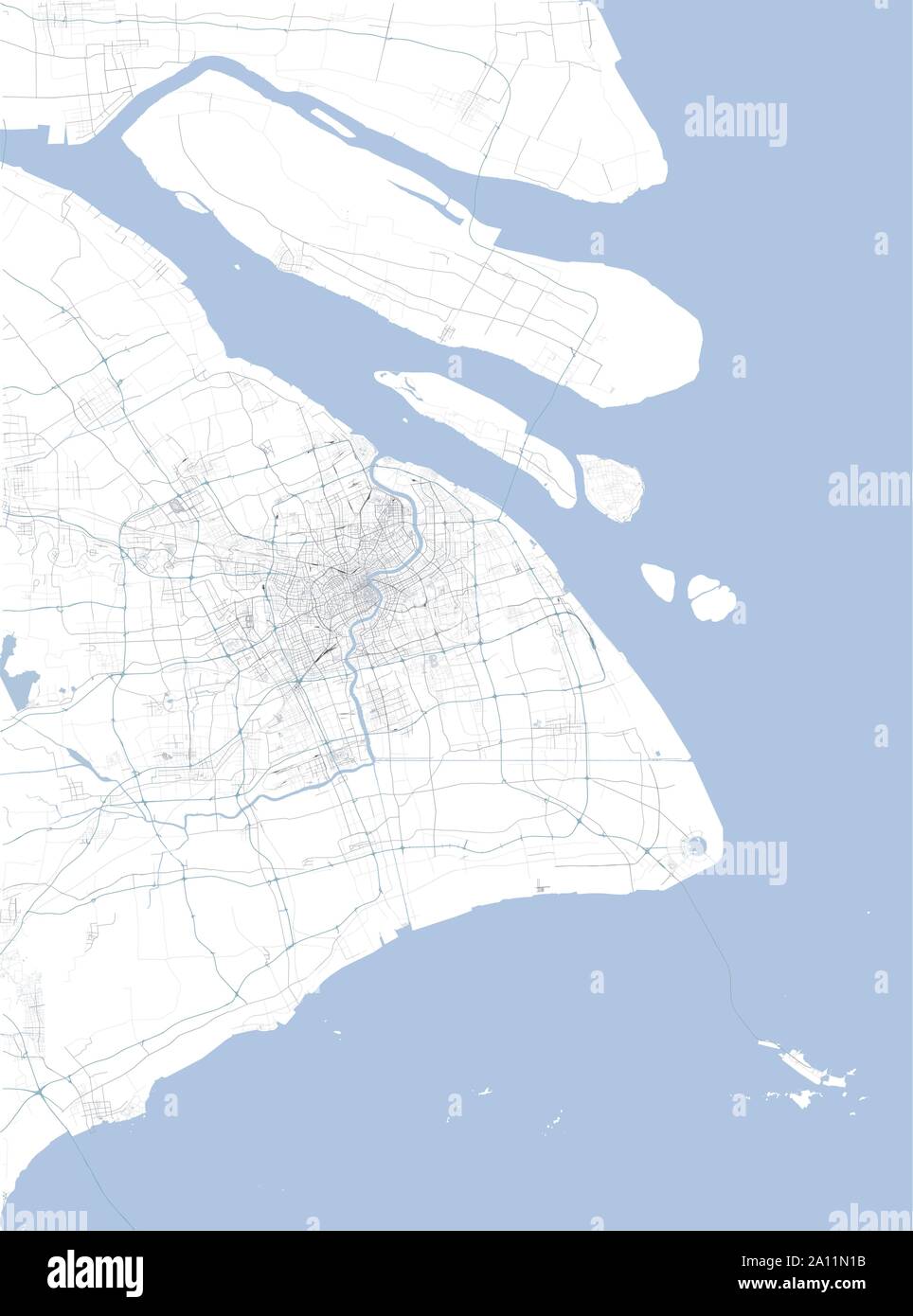 Mappa satellitare di Shanghai e le aree circostanti, Repubblica Popolare Cinese, del delta del fiume Yangtze. Mappa di strade, tangenziali e autostrade, fiumi, ferrovie Illustrazione Vettoriale