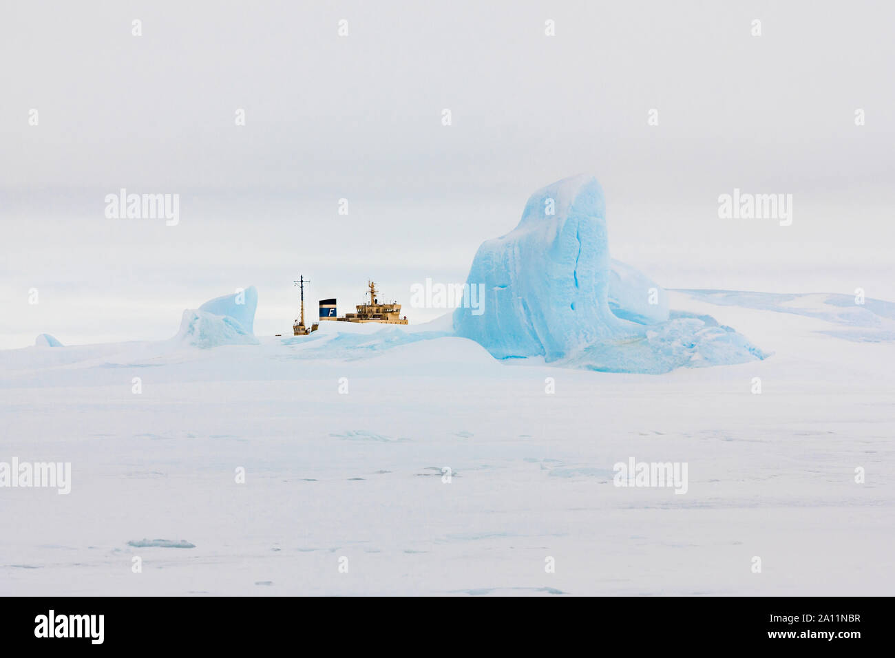 Alimentate a gasolio rompighiaccio russa Kapitan Khlebnikov immerso nel mare di ghiaccio a Snow Hill Island, Antartide Foto Stock