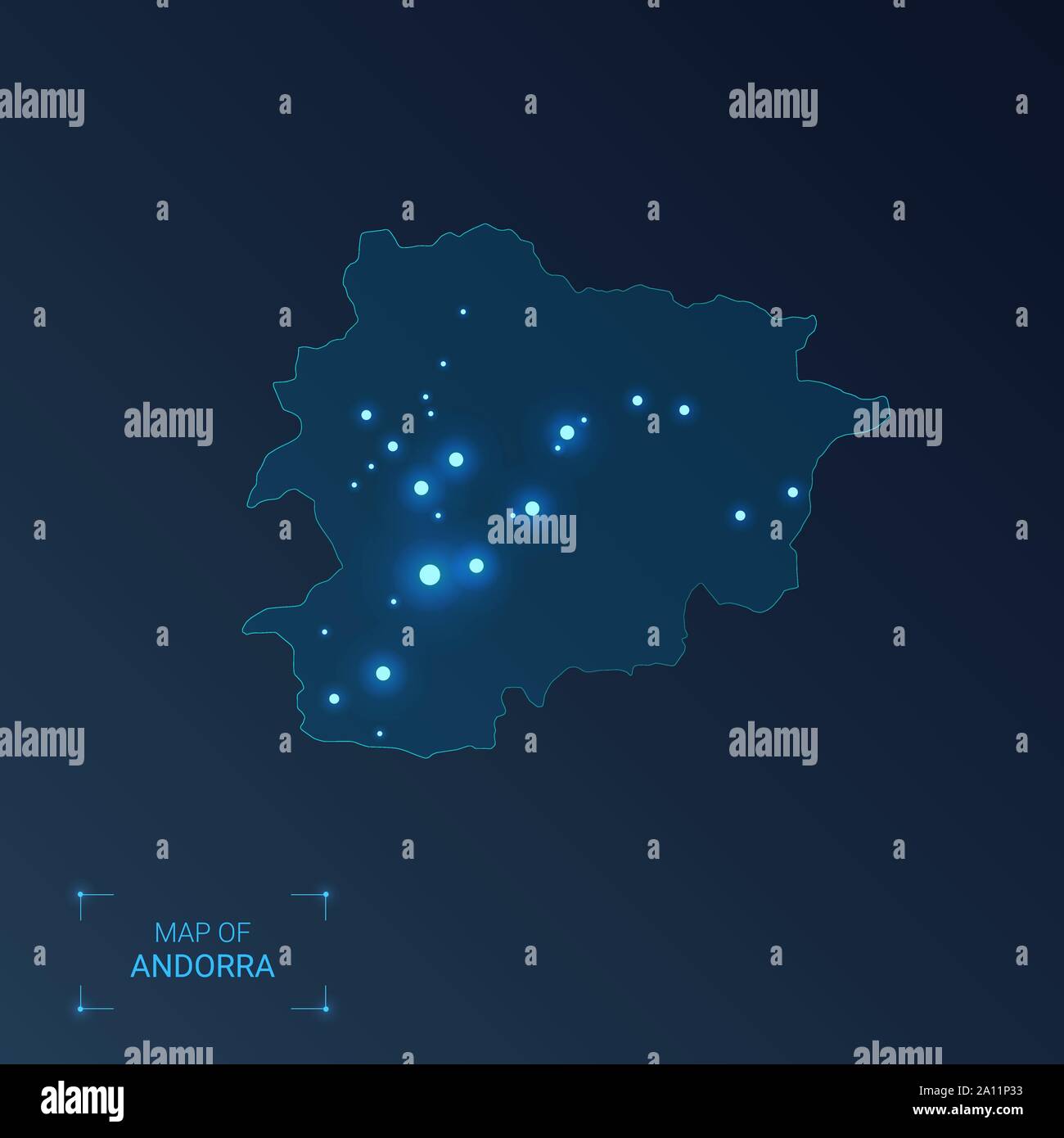 Andorra Mappa di città. Punti luminosi - luci al neon su sfondo scuro. Illustrazione Vettoriale. Illustrazione Vettoriale