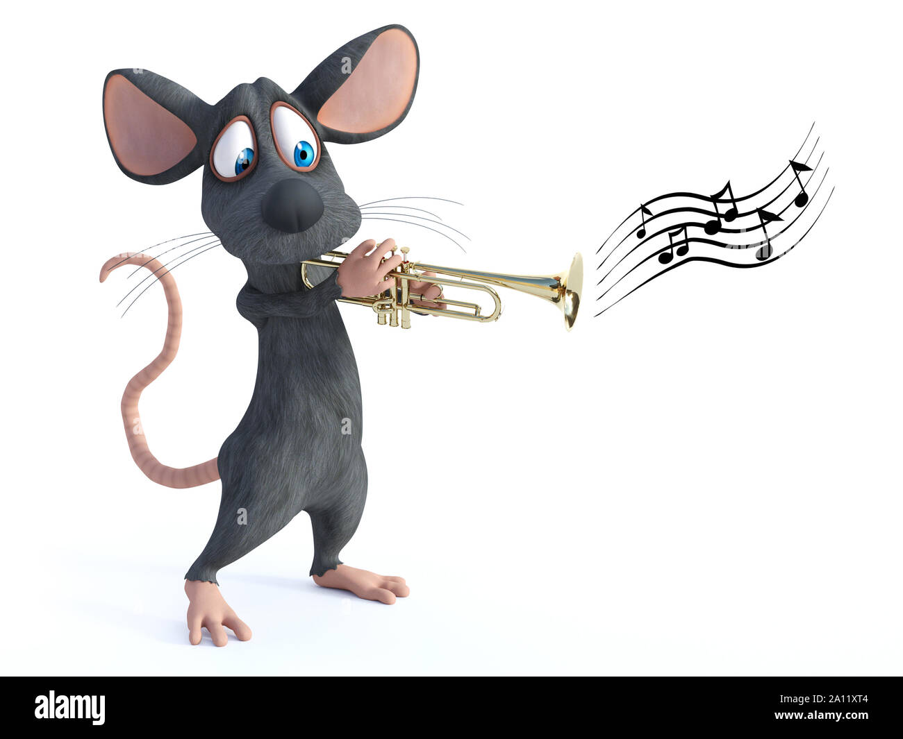 3D rendering di un cartoon carino mouse riproduzione di una tromba. Sfondo bianco. Foto Stock