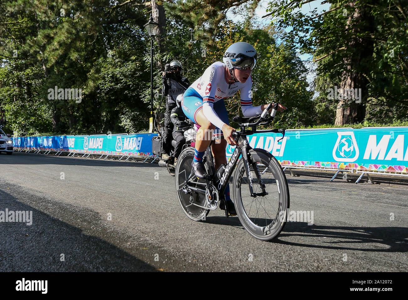 Harrogate, Regno Unito. Il 23 settembre 2019. Elynor Backstedt di Gran Bretagna prende il bronzo nel 2019 strada UCI Campionati del Mondo Junior Womens Cronometro individuale. Settembre 23, 2019 Dan-Cooke credito/Alamy Live News Foto Stock