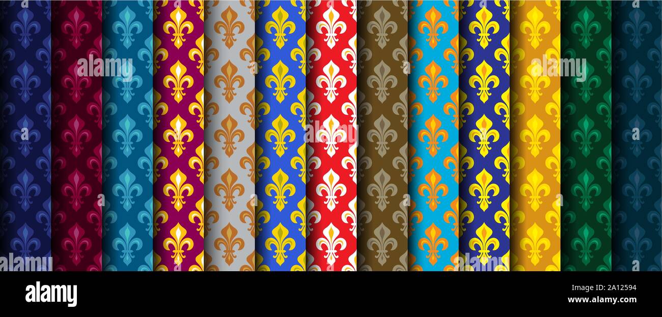 Royal gigli araldici (Fleur de Lis) - Ricco colorato sfondo, tessuto, seamless pattern, set di 13 versicolored rotoli. Illustrazione Vettoriale