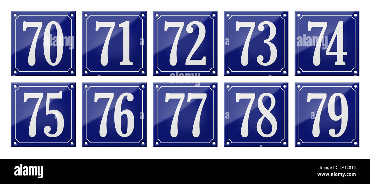 Set di tradizionale smalto blu segni - Numeri 70- 79 Foto Stock