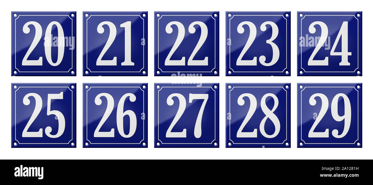 Set di tradizionale smalto blu segni - Numeri 20- 29 Foto Stock