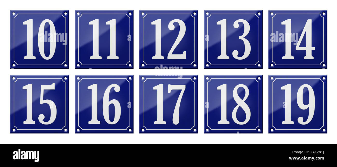 Set di tradizionale smalto blu segni - Numeri 10- 19 Foto Stock
