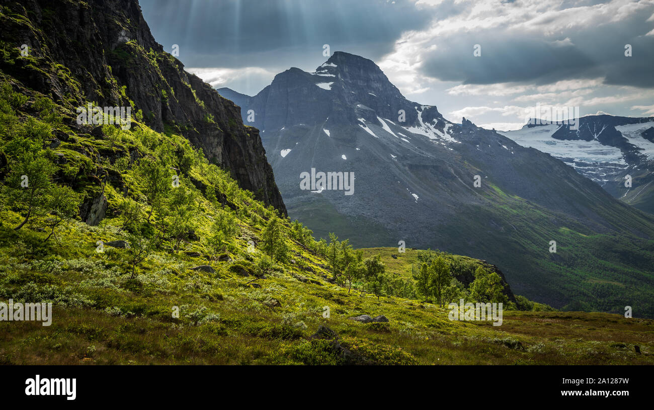 Vista dalla valle Renndalen Trollheimen in montagna, norvegese national park, l'estate. Foto Stock