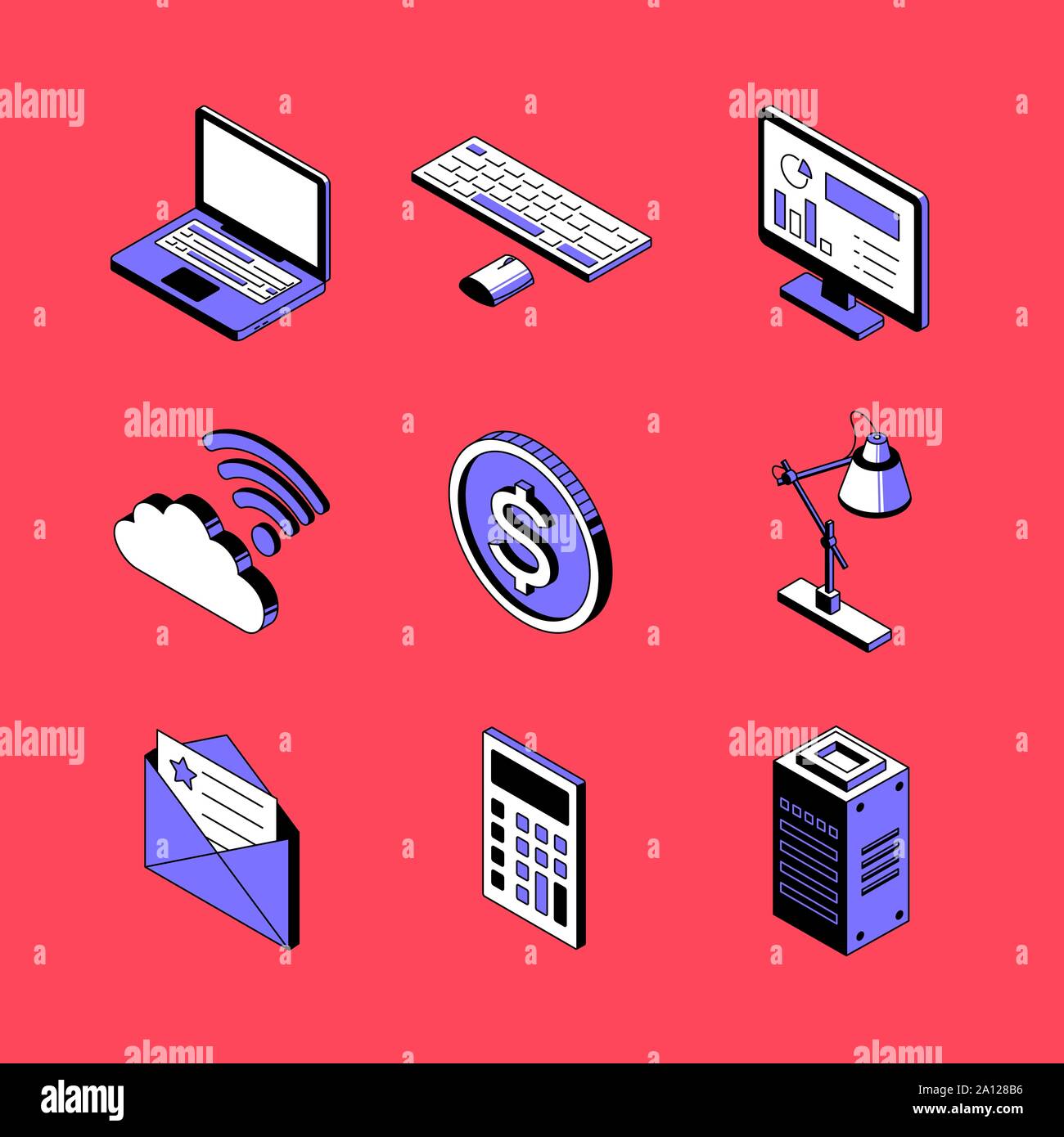 Ufficio e tecnologia - vettore isometrica Icone impostato Illustrazione Vettoriale