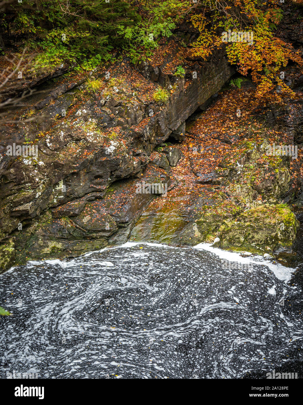 Città Invermoriston nelle Highlands Scozzesi. Colori autunnali e natura lungo il fiume Glenmoriston. Foto Stock