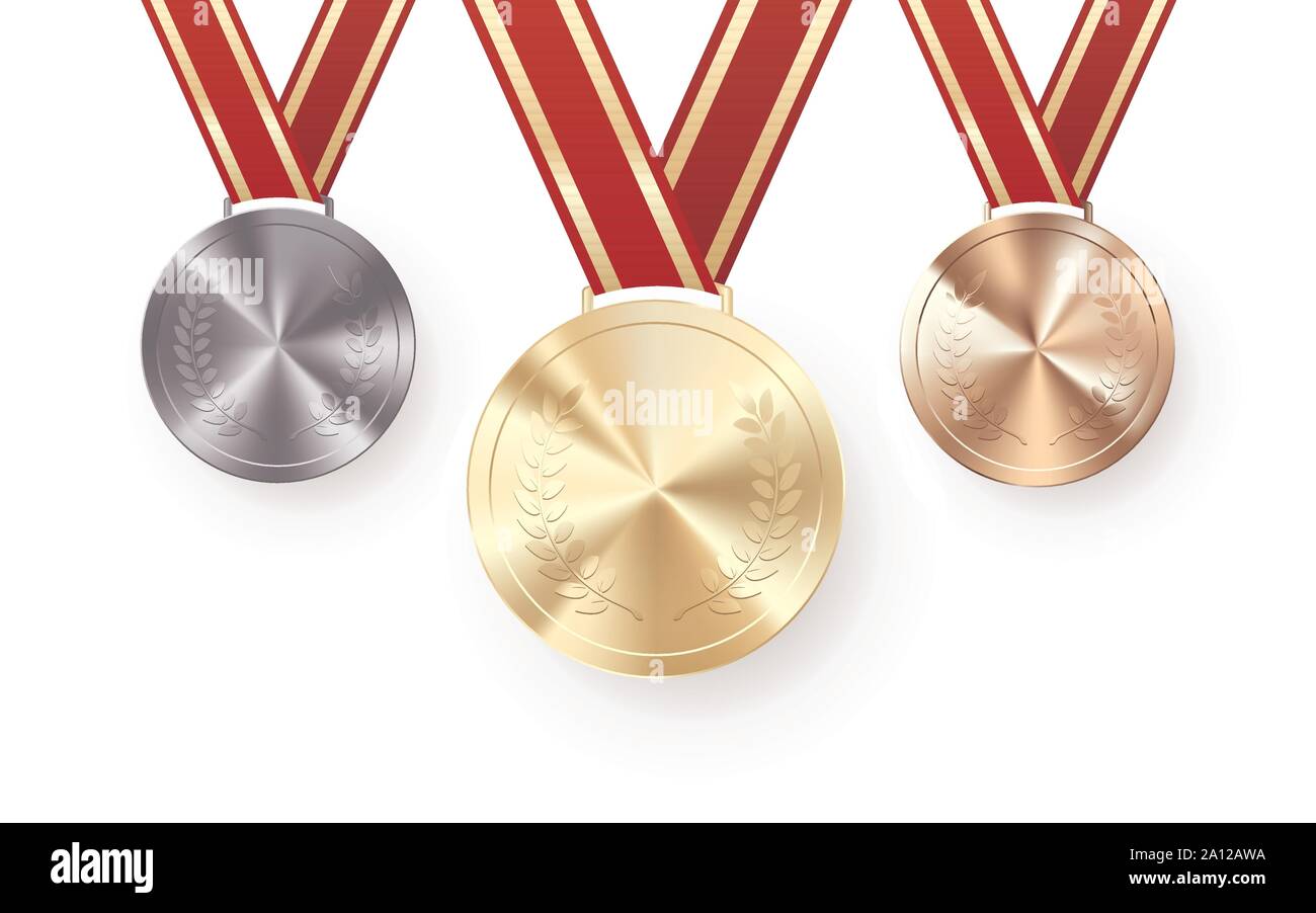Golden medaglie d'argento e di bronzo con alloro appeso sul nastro rosso. Premio simbolo di vittoria e di successo. Illustrazione Vettoriale Illustrazione Vettoriale