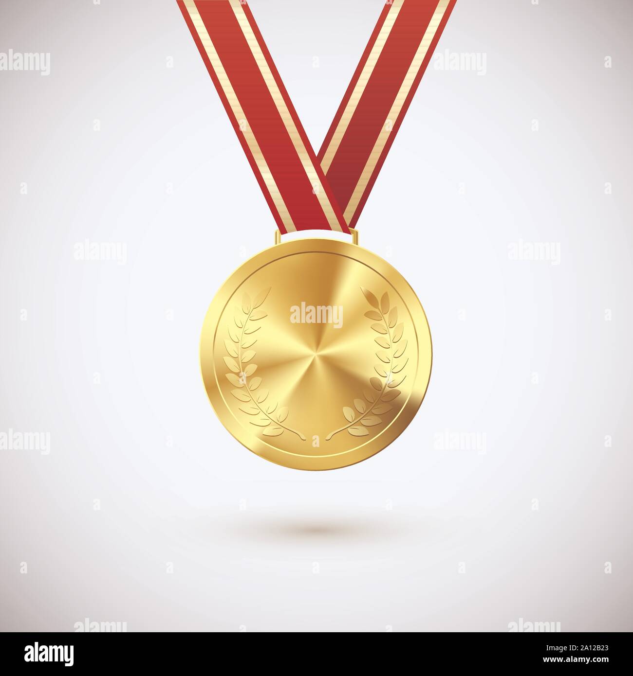 Medaglia d' oro con alloro appeso sul nastro rosso. Gold Award simbolo della vittoria e successo. Illustrazione Vettoriale Illustrazione Vettoriale