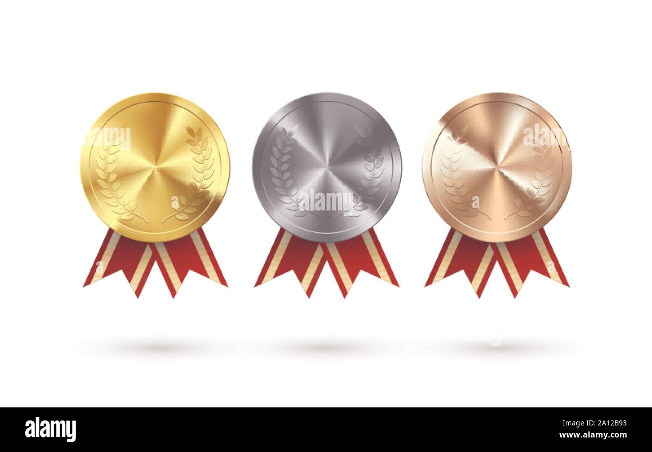 Serie di premi. Golden medaglie d'argento e di bronzo con alloro appesa e nastro rosso. Premio simbolo di vittoria e di successo. Illustrazione Vettoriale Illustrazione Vettoriale