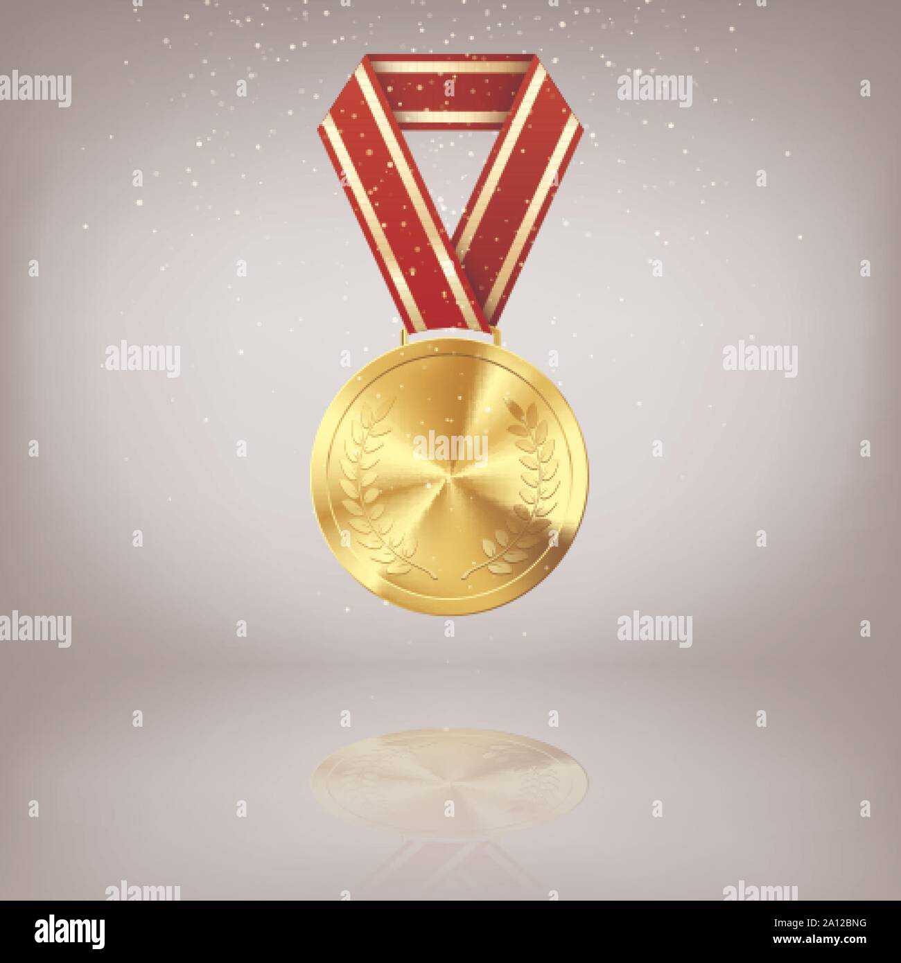 Medaglia d' oro con alloro e nastro rosso. Gold Award simbolo della vittoria e successo. Medaglia d' oro su sfondo grigio con la riflessione. Illustratio vettore Illustrazione Vettoriale