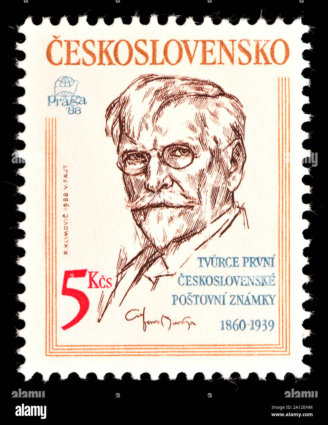 Cecoslovacco francobollo (1988): Alfonso Mucha (1860-1939)"designer del primo cecoslovacco francobollo' Foto Stock