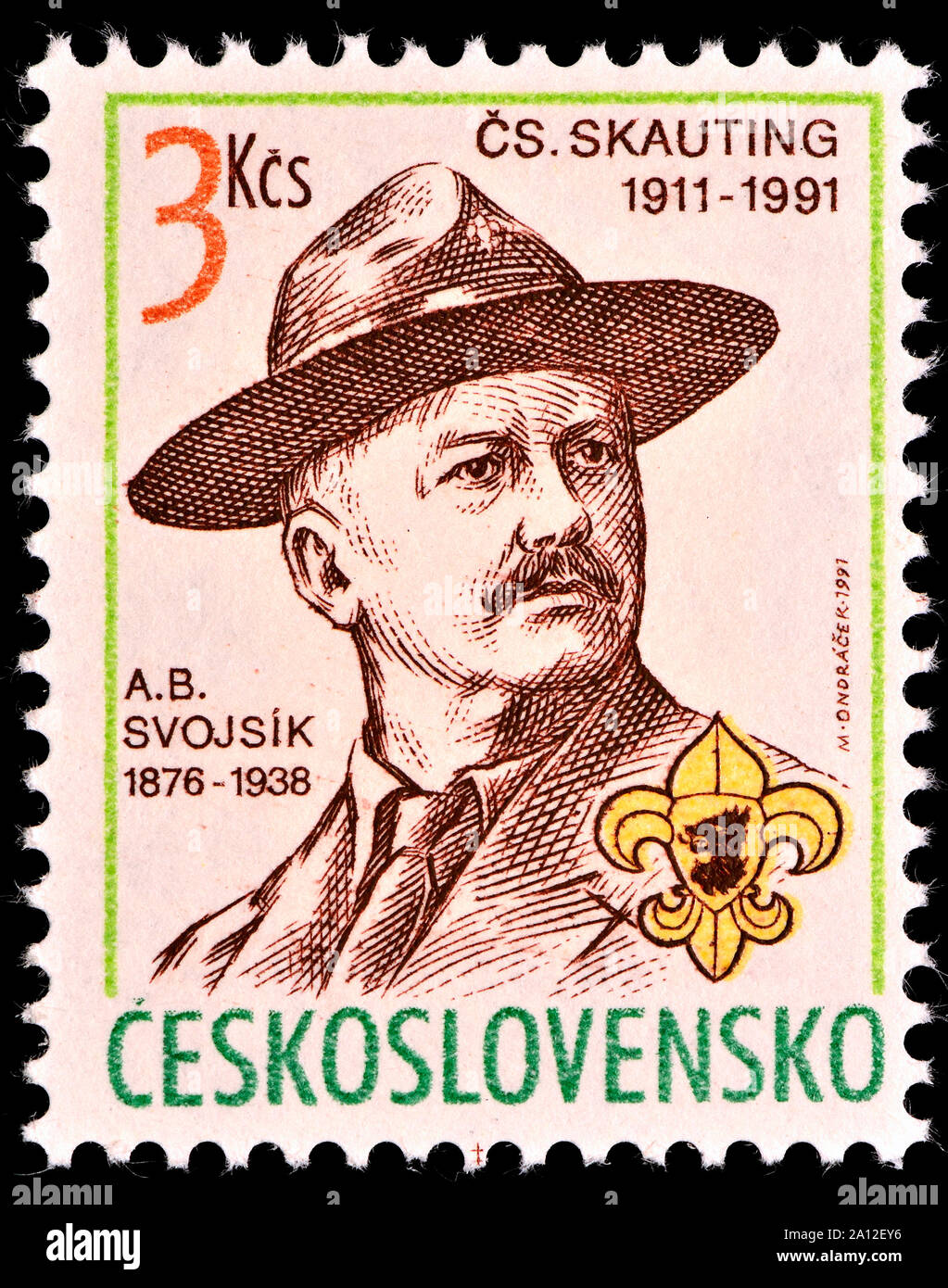 Cecoslovacco francobollo (1991) : Antonín Benjamin Svojsík (1876-1938) Fondatore di scouting CECA ("Junak' - 1911) Foto Stock