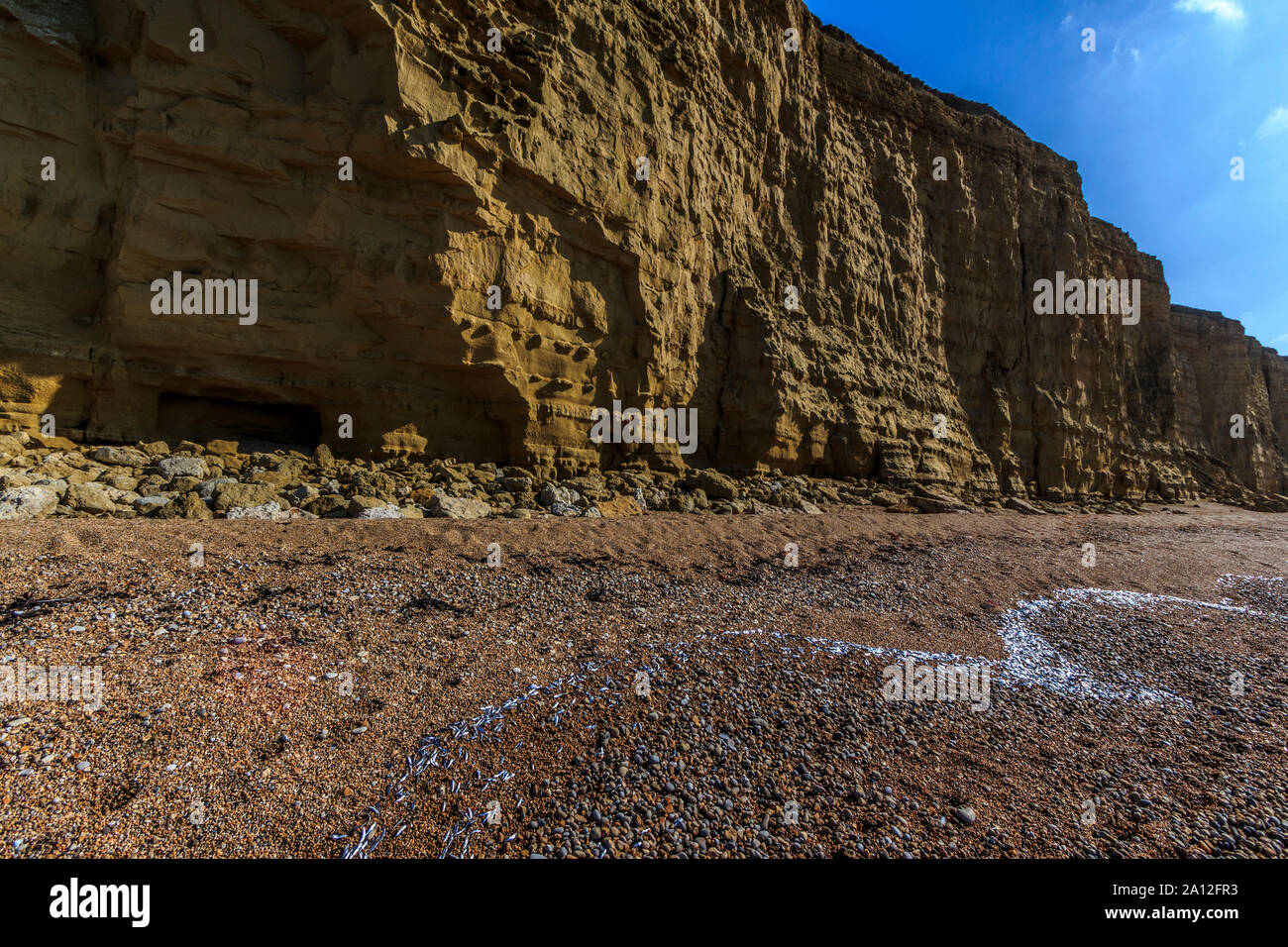 Hive spiaggia vicino west bay resort costa, Jurassic Coast, sbriciolare scogliere di arenaria,sito UNESCO, Dorset, England, Regno Unito, GB Foto Stock