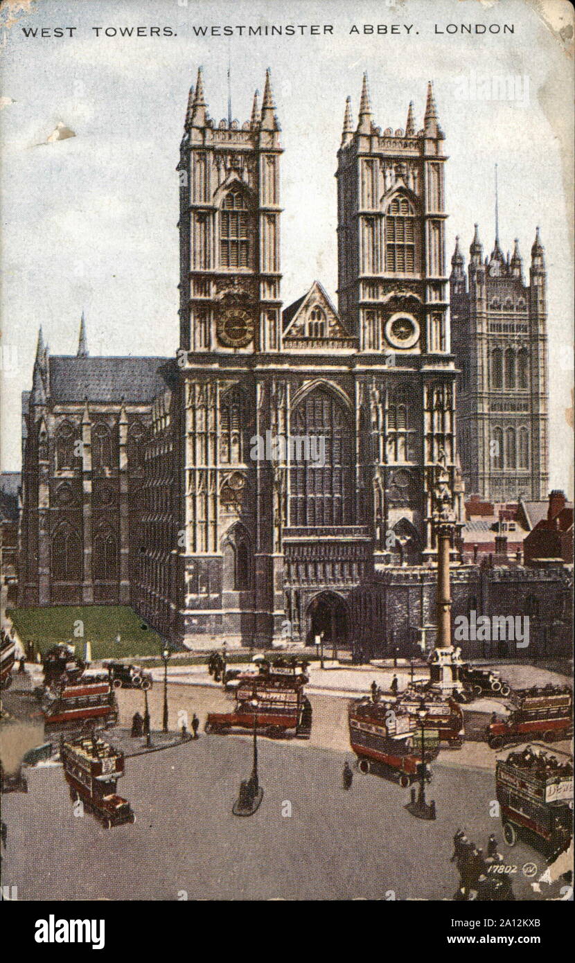West torri nell Abbazia di Westminster a Londra negli anni Venti del Novecento su vintage cartolina dalla Gran Bretagna Foto Stock