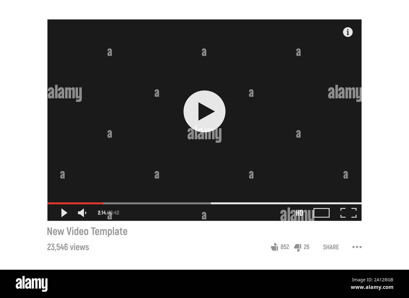Semplice e classico stile dark video player modello. Modello per video web player in colori scuri. Illustrazione Vettoriale