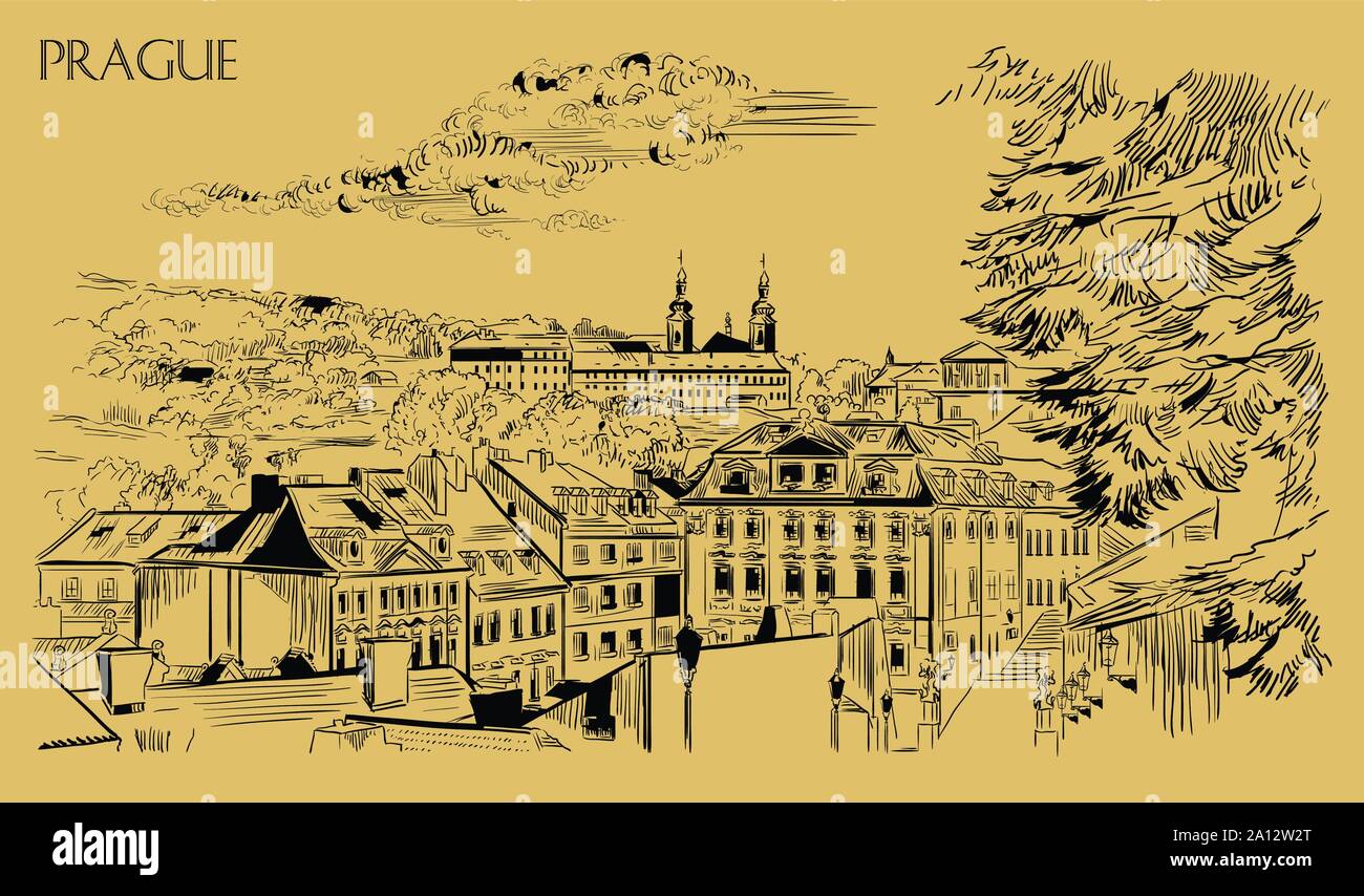 Vettore di disegno a mano illustrazione del paesaggio urbano panoramica di Praga. Il monastero di Strahov e tetti di Praga. Di Praga, Repubblica Ceca. Vettore i Illustrazione Vettoriale